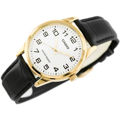 Zegarek męski Casio MTP-V001GL-7B widok pod kątem, złota koperta, czarny skórzany pasek
