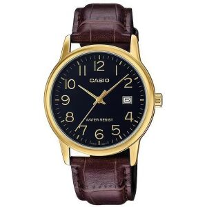Pánske hodinky Casio MTP-V002GL-1B so zlatým puzdrom, čiernym ciferníkom a hnedým koženým remienkom - Casio