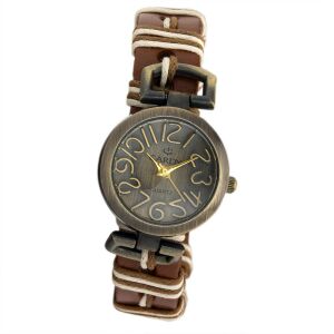 Cardy bronz Damenarmbanduhr mit braunem und weißem Lederarmband - Damen-Accessoires