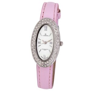 Cardy Damenuhr mit rosa Lederarmband und Kristalllünette - Damen-Accessoires