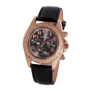 Dámske hodinky Cardy s ružovo-zlatým puzdrom, čiernym koženým remienkom a čiernym ciferníkom - Dámske doplnky