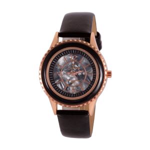 Zegarek damski Cardy z różowozłotą kopertą, czarnym paskiem i tarczą z masy perłowej - Zegarek damski