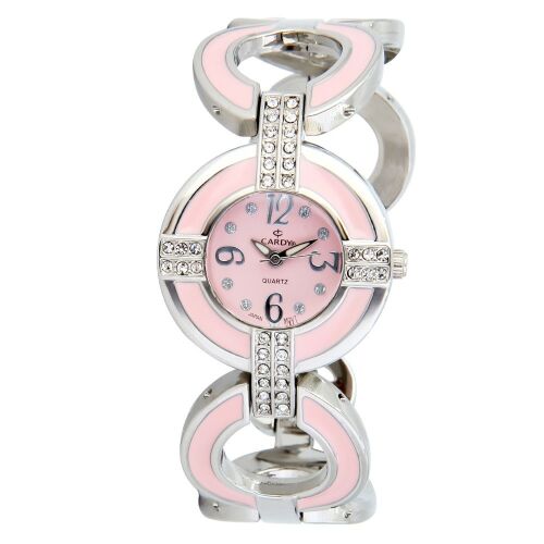 Cardy Damen Armbanduhr mit rosa Zifferblatt, silbernem Gehäuse und Kristalldetails