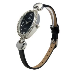 Ceas de damă Cardy argintiu cu curea de piele neagră, vedere laterală - Accesorii pentru femei