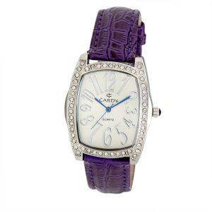 Cardy Damenuhr mit silbernem Gehäuse, violettem Lederarmband und silbernem Zifferblatt - Damen-Accessoires