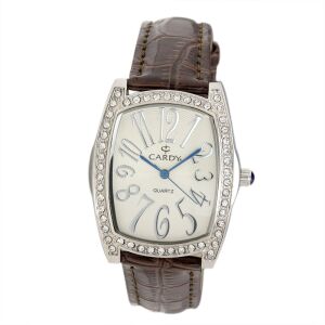 Zegarek damski Cardy srebrny z brązowym skórzanym paskiem i kryształową lunetą - Zegarek damski