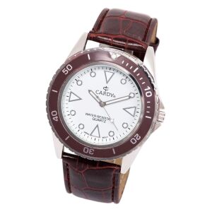 Męski zegarek Cardy w kolorze bordowym i srebrnym z brązowym skórzanym paskiem i białą tarczą - Zegarek męski