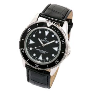 Męski zegarek Cardy czarno-srebrny z czarnym skórzanym paskiem - Dla mężczyzn