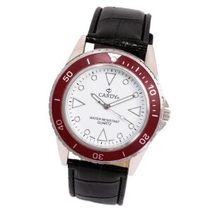Cardy Herrenuhr mit silbernem und rotem Metallgehäuse, schwarzem Lederarmband und weißem Zifferblatt - Uhren für Herren