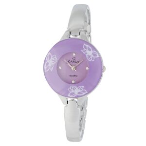 Cardy Damenarmbanduhr mit silbernem Armband und lila floralem Zifferblatt - Damen-Accessoires
