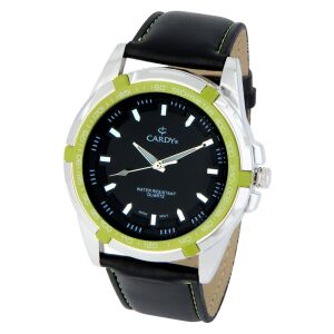 Cardy Herrenuhr mit silber-grünem Metallgehäuse, schwarzem Armband und schwarzem Zifferblatt - Uhren für Herren