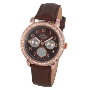 Cardy Damenuhr mit roségoldenem Metallgehäuse, braunem Lederarmband und braunem Zifferblatt - Damen-Accessoires