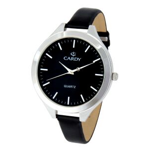 Дамски часовник Cardy със сребрист корпус и черна кожена каишка - Дамски аксесоар
