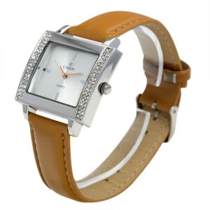 Ceas de damă pătrat Cardy cu curea din piele maro și accente de cristal - Ceasuri pentru femei