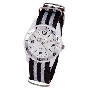 Cardy Herrenarmbanduhr mit weiu00dfem Zifferblatt und schwarz-weiu00dfem Textilband - Mode & Kleidung