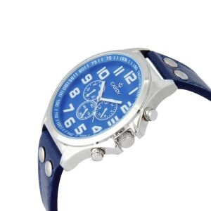 Schrägansicht der Cardy Herrenuhr mit blauem Zifferblatt und Lederarmband - Uhren für Herren
