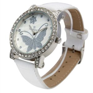 Vedere unghiulară a ceasului de damă Cardy argintiu cu curea albă și design fluture - Ceasuri pentru femei