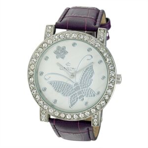 Cardy Damenuhr mit silbernem Gehäuse, lila Lederarmband, weißem Zifferblatt mit Schmetterlingsdesign - Damen-Accessoires