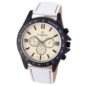 Cardy Herrenuhr mit schwarzem Metallgehäuse, weißem Armband und champagnerfarbenem Zifferblatt - Uhren für Herren