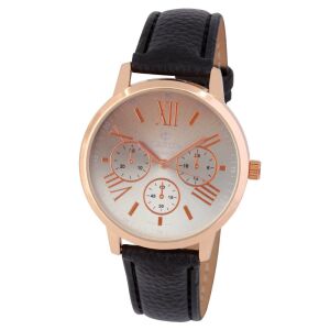 Cardy ženski sat, ružičasto zlato, crni kožni remen, srebrni brojčanik - Ženski asesoar
