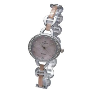 Ceas de damă Cardy cu carcasă metalică argintie, ornamente cu pietre, cadran roz - Ceasuri pentru femei