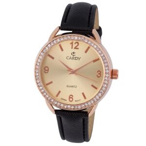 Ceas de damă Cardy, aur roz, curea neagră, cu accente de piatră - Accesorii pentru femei