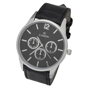 Cardy Herrenuhr mit schwarzem Lederarmband, silbernem Gehäuse und schwarzem Zifferblatt. - Uhren für Herren