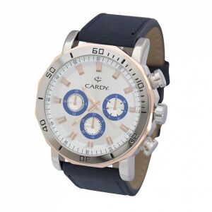 Męski zegarek Cardy srebrny i bikolor z niebieskim paskiem, srebrną tarczą, mechanizmem kwarcowym, wstrząsoodporny i wodoodporny - Dla mężczyzn