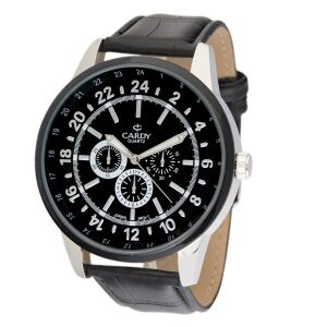 Męski zegarek kwarcowy Cardy ze srebrną kopertą, czarnym paskiem i czarną tarczą - Zegarek męski