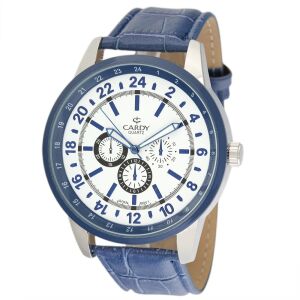 Cardy Herrenuhr silberfarben mit blauem Lederarmband und weißem Zifferblatt - Uhren für Herren