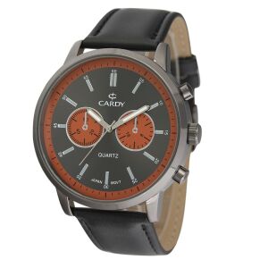 Męski zegarek Cardy, metalowa obudowa w kolorze gunmetal, czarny skórzany pasek, tarcza w kolorze gun/brązowym - Dla mężczyzn