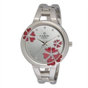 Cardy Damenuhr Silber mit roten floralen Akzenten - Damen-Accessoires