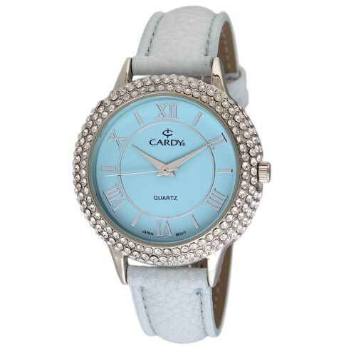 Дамски син часовник Cardy със сребрист корпус и кристален панел