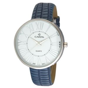 Zegarek damski Cardy srebrny z niebieskim skórzanym paskiem i białą tarczą - Zegarek damski
