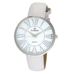 Дамски сребърен часовник Cardy с бяла кожена каишка и бял циферблат - Дамски аксесоар