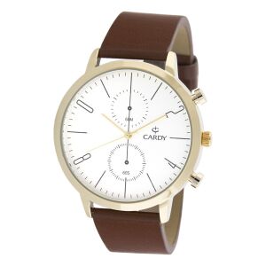 Cardy Herrenuhr goldfarben mit braunem Lederarmband und silbernem Zifferblatt - Uhren für Herren