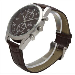 Cardy Herrenuhr, silbernes Metallgehäuse, braunes Armband, braunes Zifferblatt, Quarzwerk, sturzsicher und wasserdicht