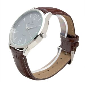 Cardy Herrenarmbanduhr, silberfarbenes Metallgehäuse, braunes Armband, graues Zifferblatt, Quarzwerk, sturzsicher und wasserdicht