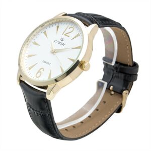 Златен мъжки ръчен часовник Cardy с черна кожена каишка, страничен изглед - Мода и обличане