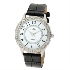 Dámske strieborné hodinky Cardy s kryštálmi a čiernym koženým remienkom - Dámske doplnky