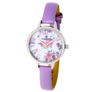 Zegarek damski Cardy ze srebrną kopertą, kwiatową tarczą i fioletowym paskiem - Zegarek damski