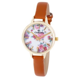 Дамски ръчен часовник Cardy, златен метален корпус, кафява каишка, флорален циферблат, кварцов механизъм, водоустойчивост срещу падане 130733495 - Дамски аксесоар