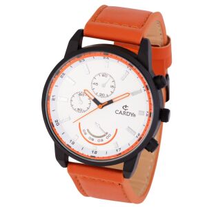 Мъжки часовник Cardy, черен метален корпус, кафява каишка, бял циферблат, кварцова структура, водоустойчивост