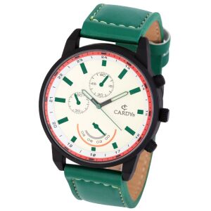 Cardy Herrenuhr mit schwarzem Gehäuse, grünem Armband und weißem Zifferblatt - Uhren für Herren
