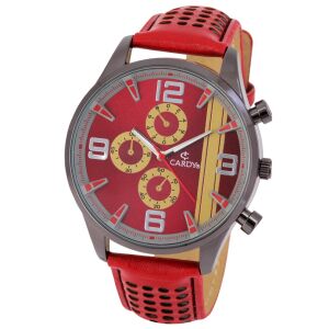 Męski zegarek Cardy w kolorze bordowym z czarną metalową kopertą i czerwonym skórzanym paskiem - Zegarek męski