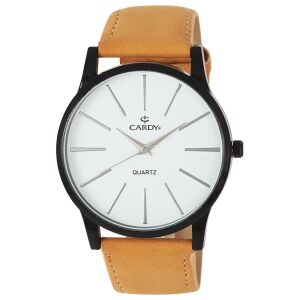 Cardy Herrenuhr mit schwarzem Metallgehäuse, braunem Lederarmband und weißem Zifferblatt - Uhren für Herren