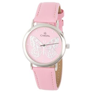 Cardy Damenuhr mit rosa Lederarmband und Schmetterlingszifferblatt - Mode & Kleidung