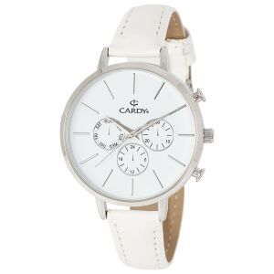Zegarek damski Cardy, srebrny, z białym skórzanym paskiem i białą tarczą - Zegarek damski