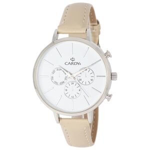 Дамски часовник Cardy, сребрист корпус, бежова каишка, бял циферблат - Дамски аксесоар
