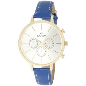 Złoty zegarek damski Cardy z niebieskim skórzanym paskiem i tarczą w kolorze szampana - Zegarek damski
